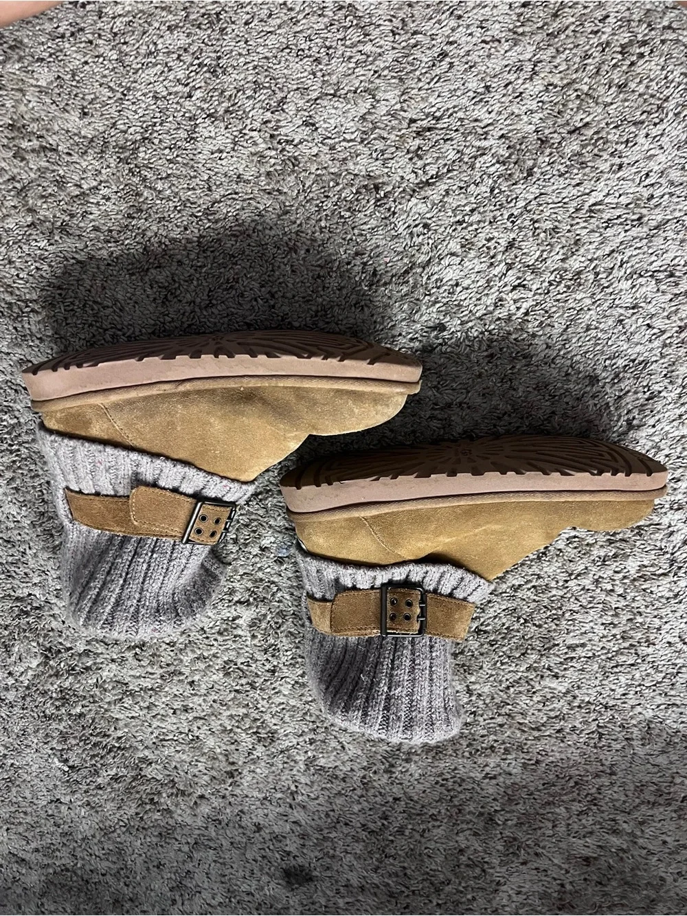 Tan Suede & Knit Buckle Ankle Boots